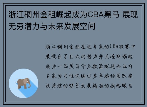 浙江稠州金租崛起成为CBA黑马 展现无穷潜力与未来发展空间